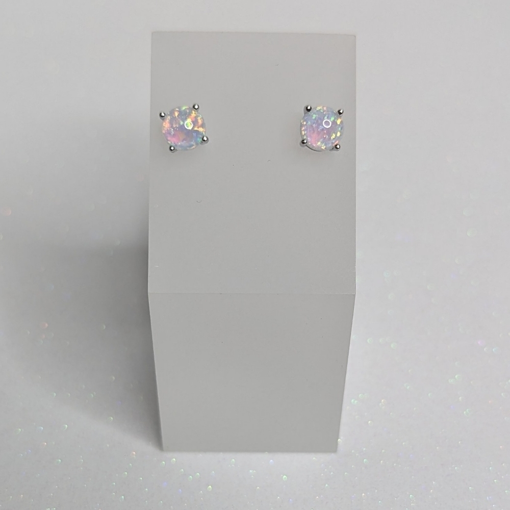 White Fire Opal 6MM Round Stud Earrings - Picture 2 of 6